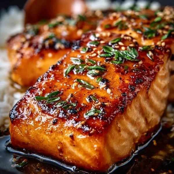 Crispy honey garlic glazed salmon garnished with herbs on a white plate