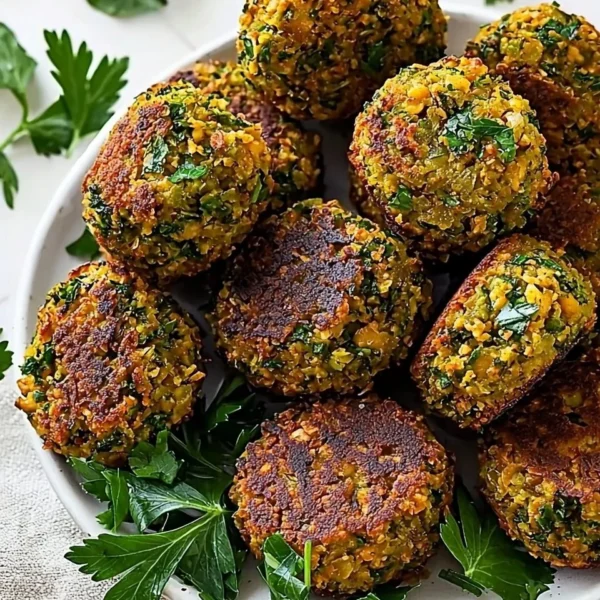 Plate of crispy, golden brown homemade falafel served with dipping sauce.