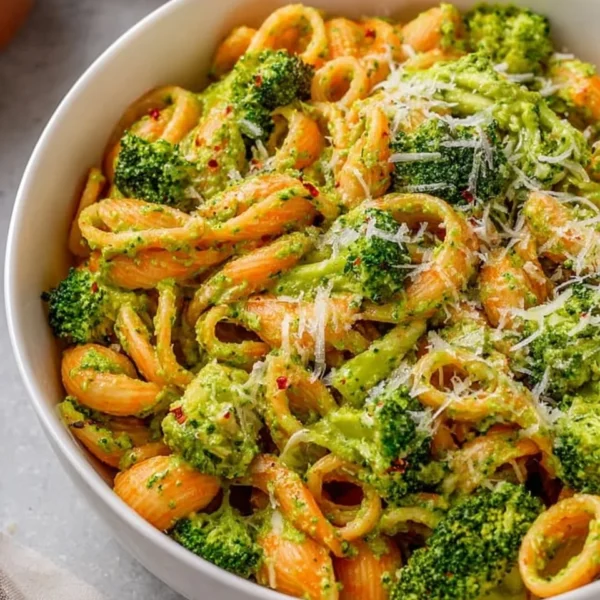 Plate of easy healthy broccoli pasta topped with parmesan cheese