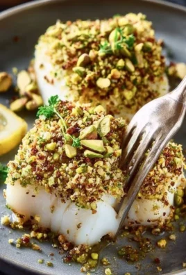 Delicious easy pistachio crusted halibut on a plate with herbs