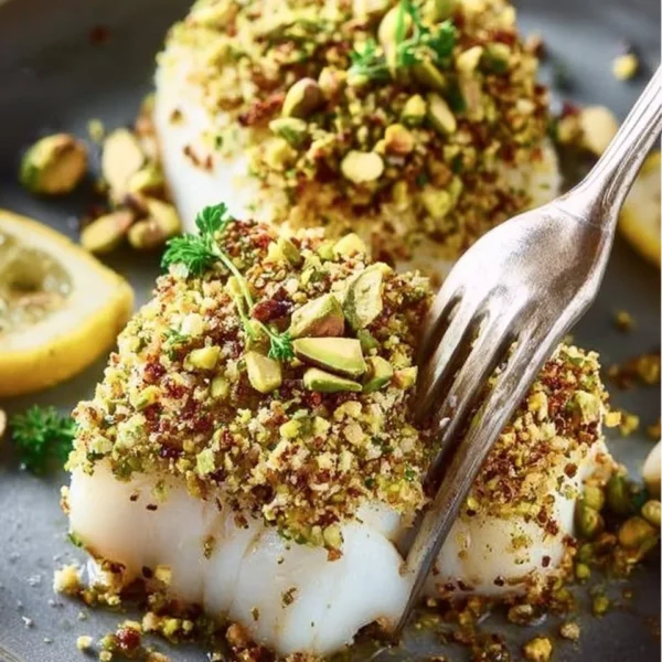 Delicious easy pistachio crusted halibut on a plate with herbs