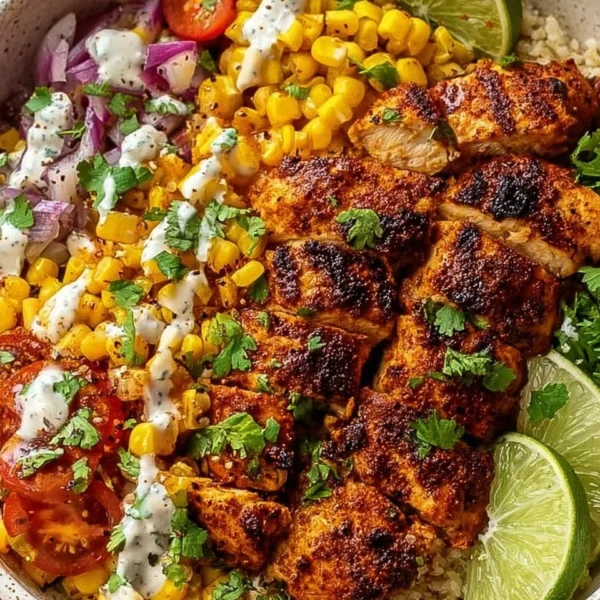 Easy Street Corn Chicken Bowl topped with fresh vegetables and spices