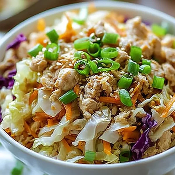 Delicious egg roll bowls with chicken and cabbage in a bowl