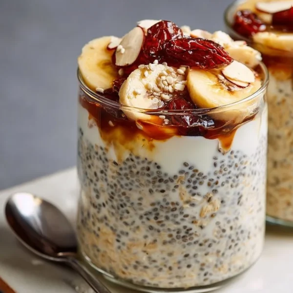 Delicious filling date overnight oats with chia seeds in a bowl