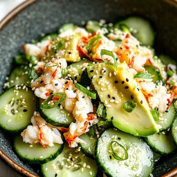 Flavorful California Roll Cucumber Salad with fresh ingredients and vibrant colors.