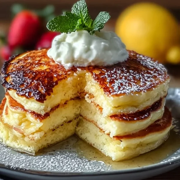Fluffy lemon ricotta pancakes topped with syrup and fresh berries