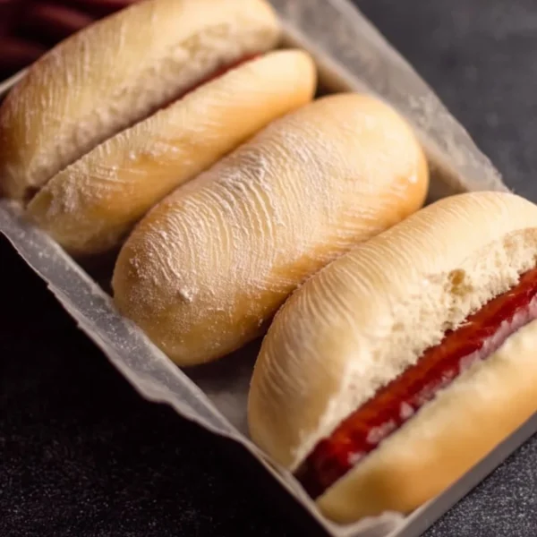 Gluten free hot dog bun recipe with ingredients and baked buns on a plate.