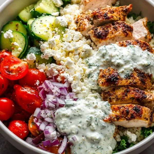 Delicious Greek chicken bowl topped with fresh vegetables and feta cheese