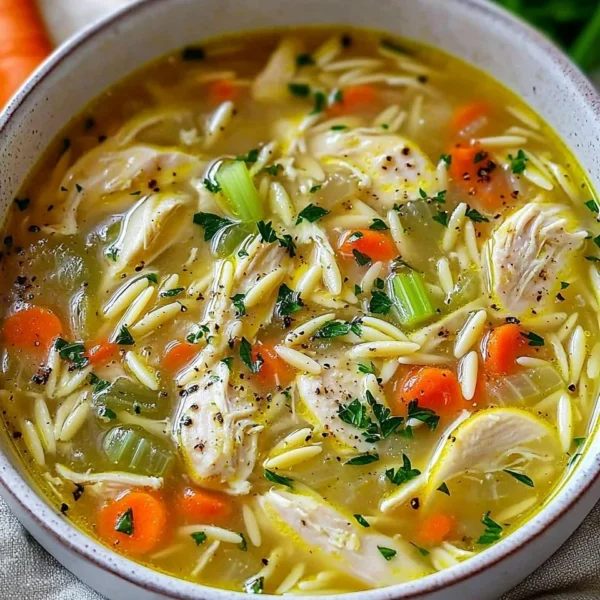 Bowl of Greek Lemon Chicken Soup garnished with fresh herbs and lemon slices