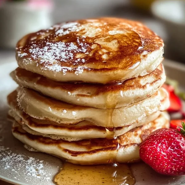 Fluffy Greek Yogurt Pancakes stacked on a plate with fresh fruits