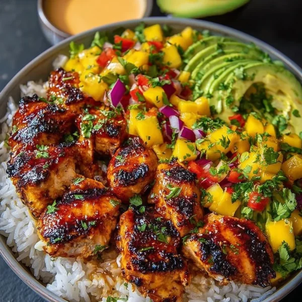 Grilled Maple Sriracha Chicken Bites served with coconut rice and mango avocado salsa