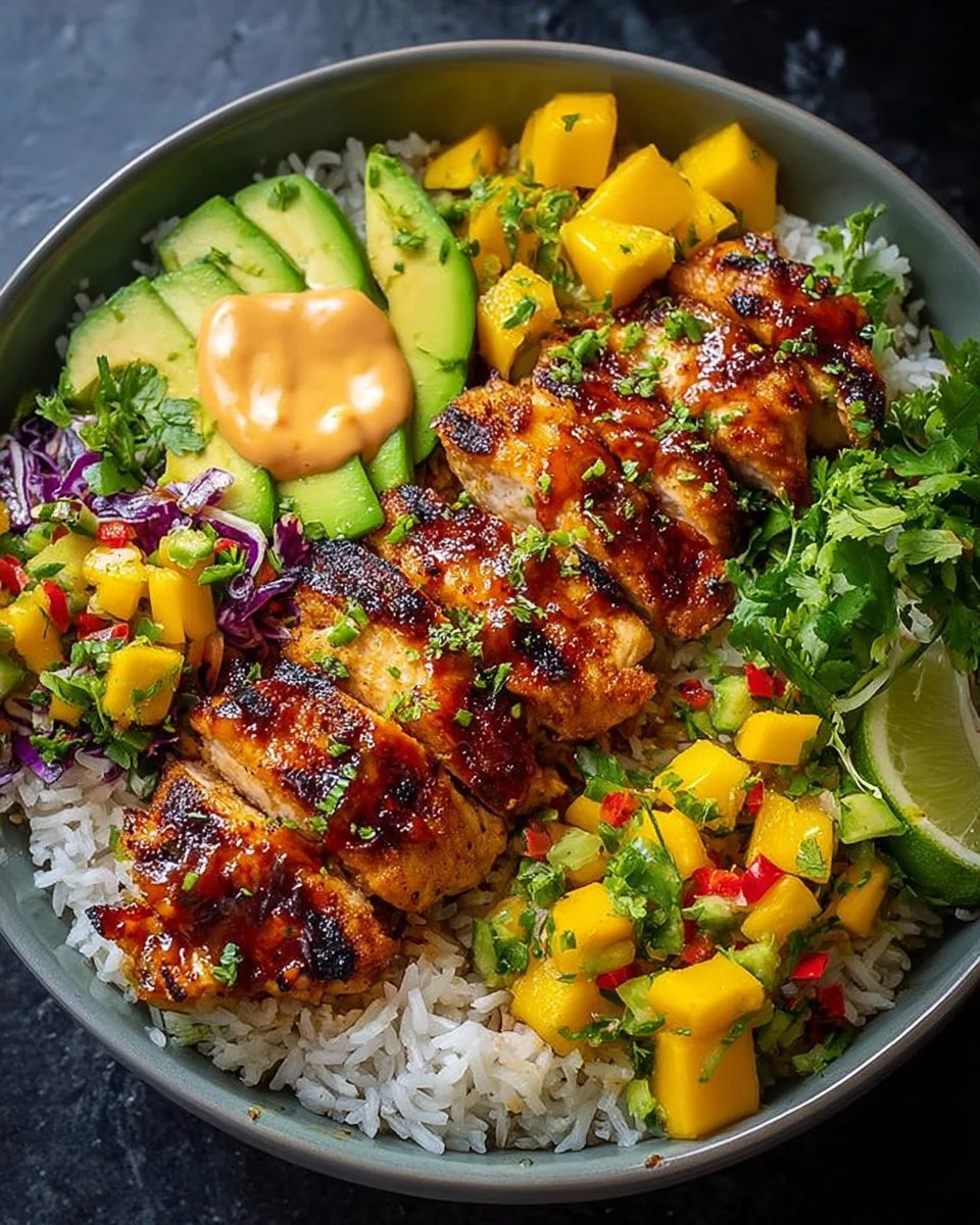 Grilled Maple Sriracha Chicken Bites with Coconut Rice & Mango Avocado Salsa Bowl with Chili Mayo