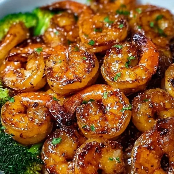 Plate of high-protein honey garlic shrimp garnished with herbs