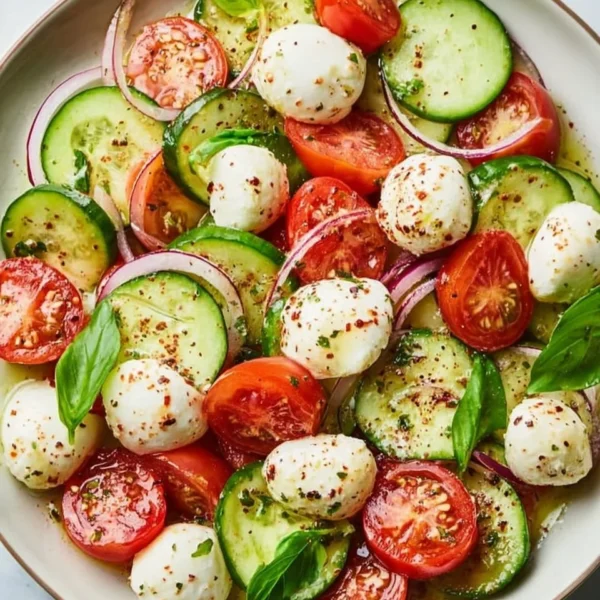Juicy Cucumber Caprese Salad with fresh ingredients on a plate