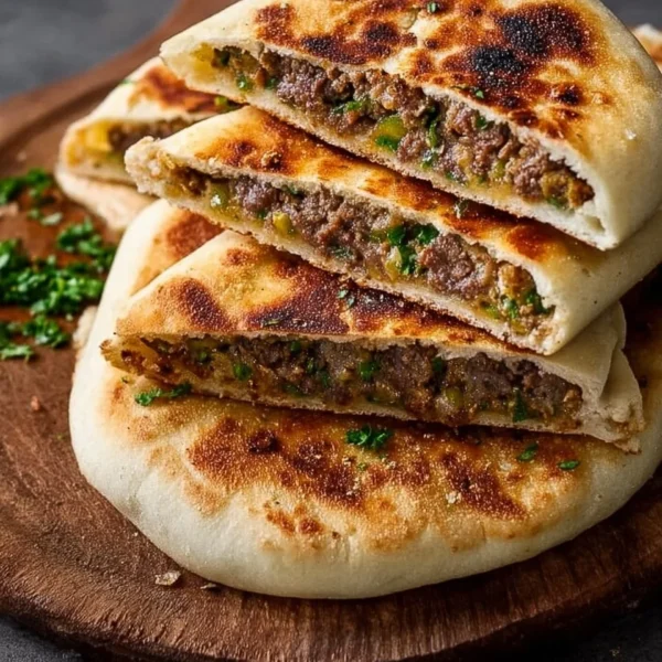 Lebanese stuffed pita arayes with spiced meat and crispy pita bread