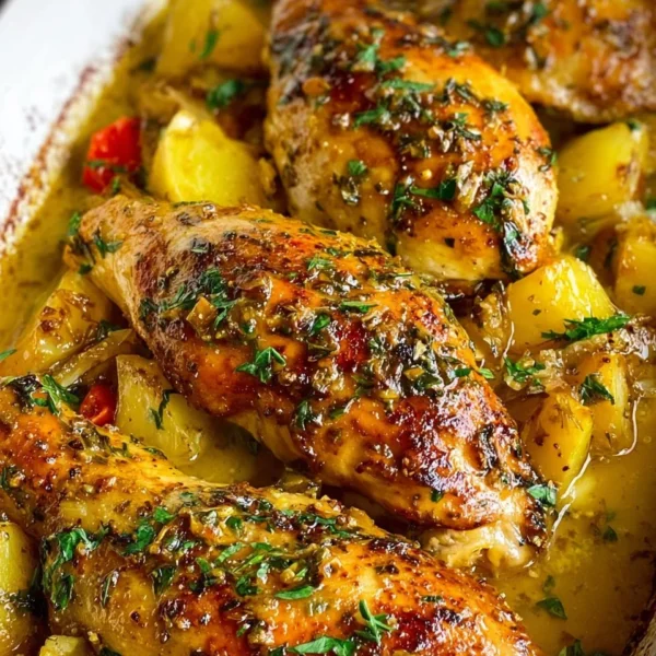 Lemon Garlic Chicken plated with fresh herbs and lemon slices