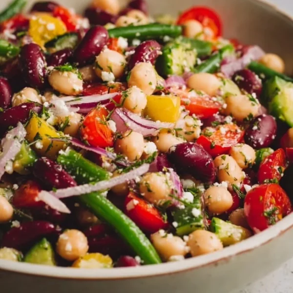 Lemony Greek bean salad with fresh vegetables and herbs in a bowl