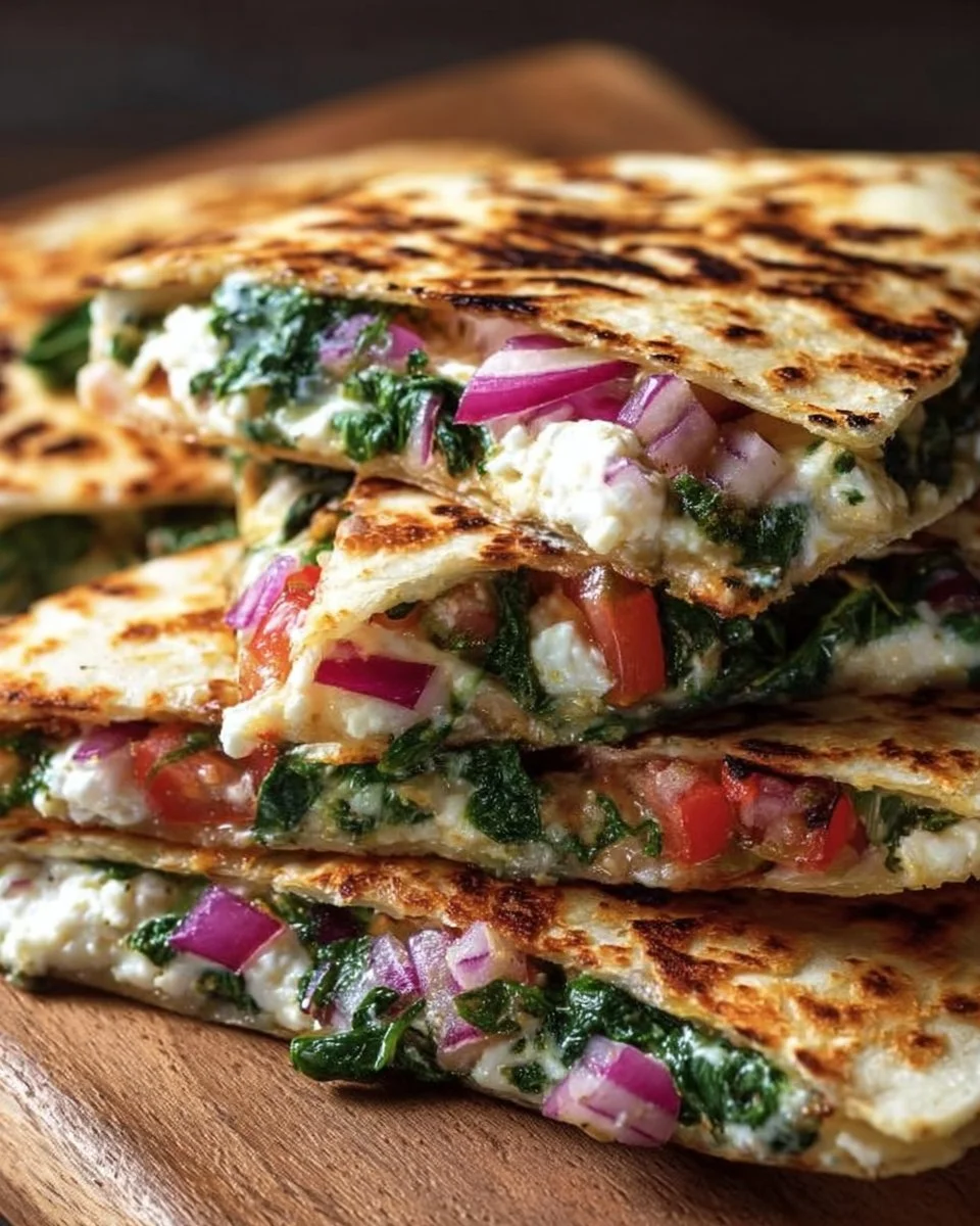 Mediterranean Quesadillas with Spinach, Feta, Mozzarella, and Red Onion