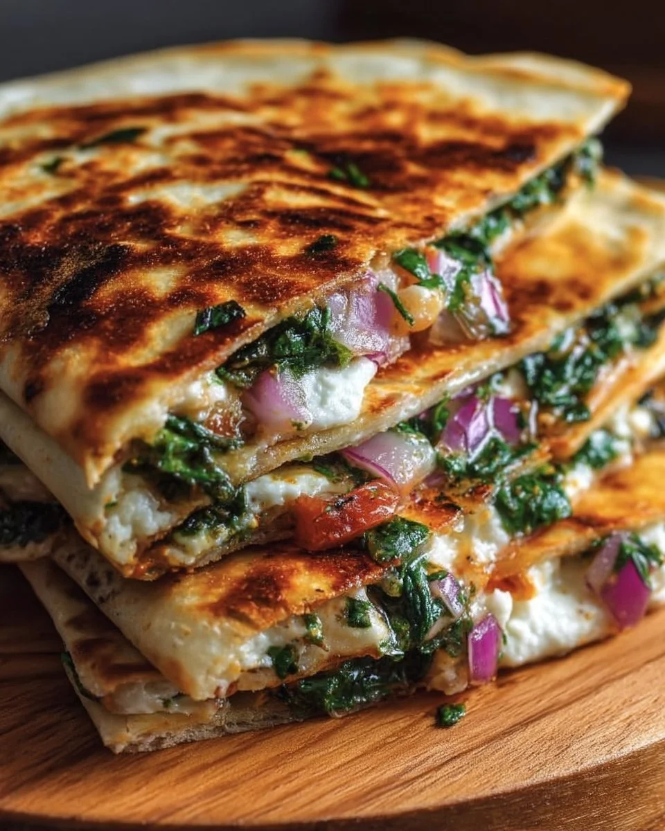 Mediterranean Quesadillas with Spinach, Feta, Mozzarella, and Red Onion