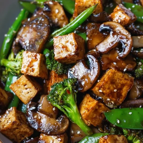 Mushroom Tofu Stir-Fry served in a bowl, garnished with vegetables.
