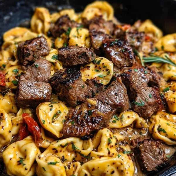 One-Pan Cowboy Butter Tortellini with Steak Bites on a plate