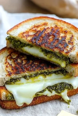 Delicious pesto grilled cheese sandwich with melted cheese and fresh basil pesto