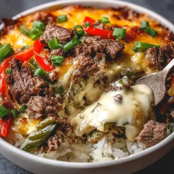 Philly cheesesteak bowl with fresh ingredients and savory flavors