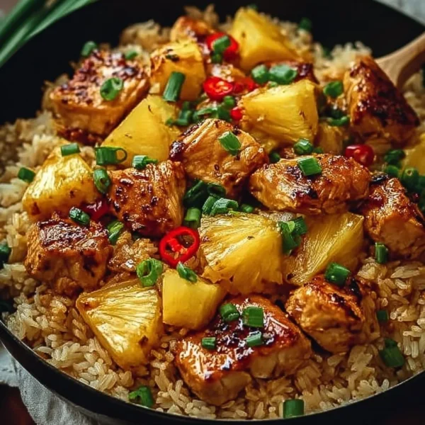 Pineapple chicken served on a bed of rice with vibrant vegetables