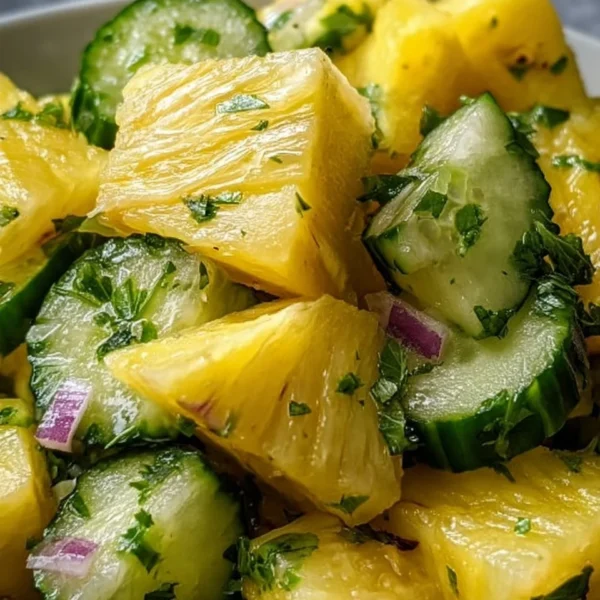 A vibrant pineapple cucumber salad served in a bowl with fresh ingredients.