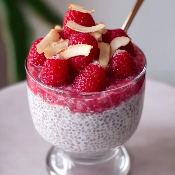 Delicious Raspberry Chia Pudding in a glass topped with fresh raspberries