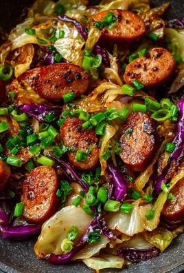 Sausage and cabbage stir fry served in a colorful dish