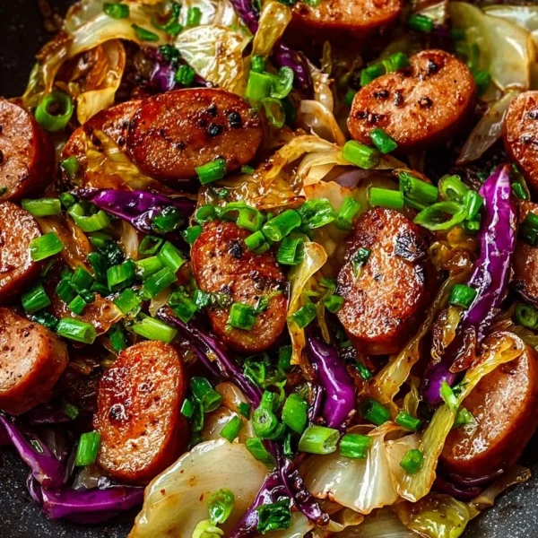 Sausage and cabbage stir fry served in a colorful dish