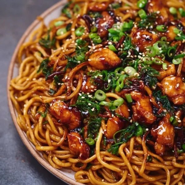Delicious sticky garlic chicken noodles served in a bowl topped with green onions