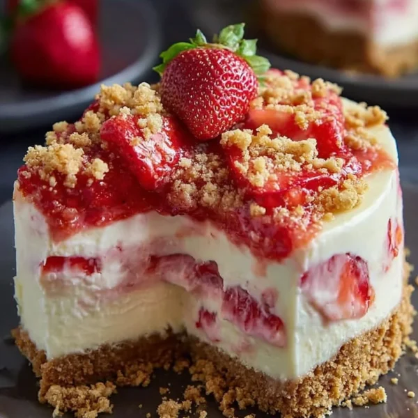 Delicious Strawberry Crunch Cheesecake with creamy layers and a crunchy topping