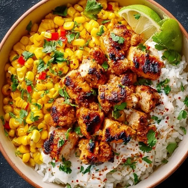 Street Corn Chicken Rice Bowl topped with cheese and cilantro on a bed of rice.