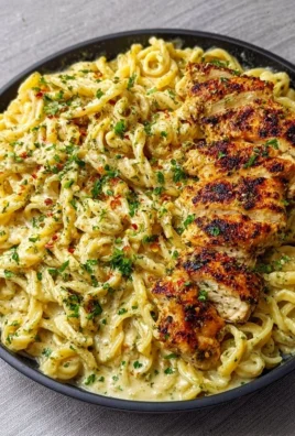 Creamy garlic parmesan chicken pasta garnished with parsley