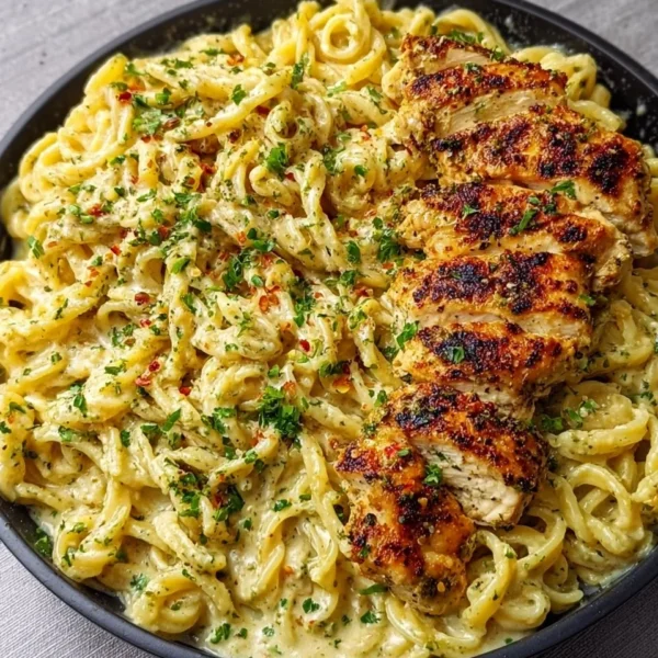 Creamy garlic parmesan chicken pasta garnished with parsley