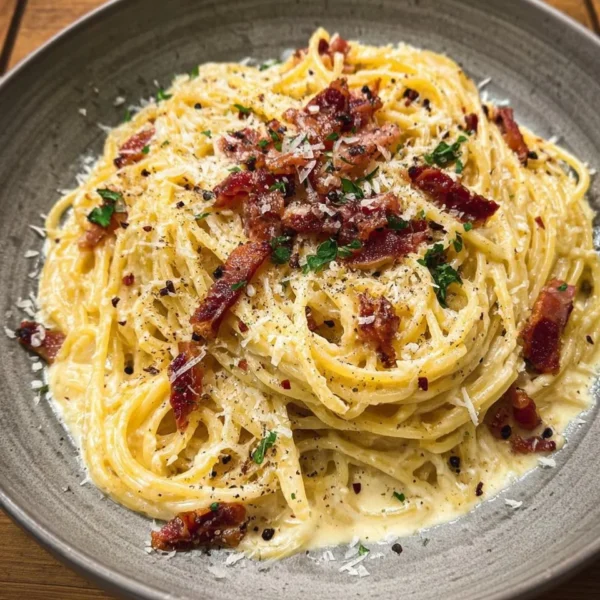 Delicious creamy spaghetti carbonara topped with parmesan cheese and pepper.