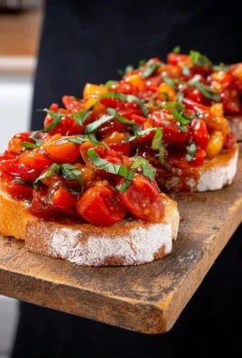 Delicious tomato bruschetta served on toasted bread with fresh basil