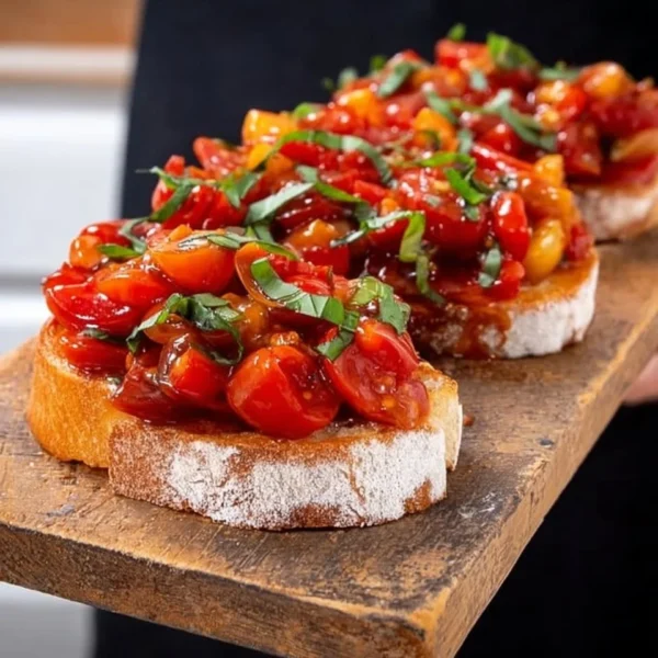 Delicious tomato bruschetta served on toasted bread with fresh basil