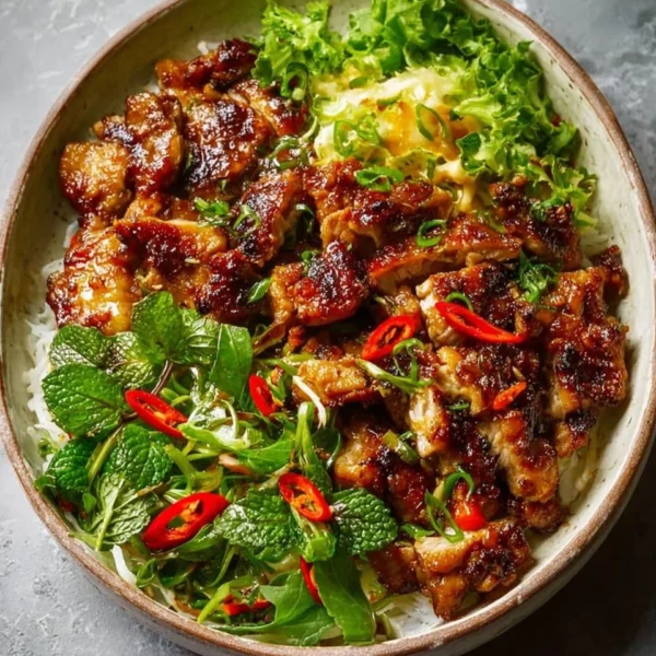 Plate of Vietnamese Lemongrass Chicken garnished with fresh herbs