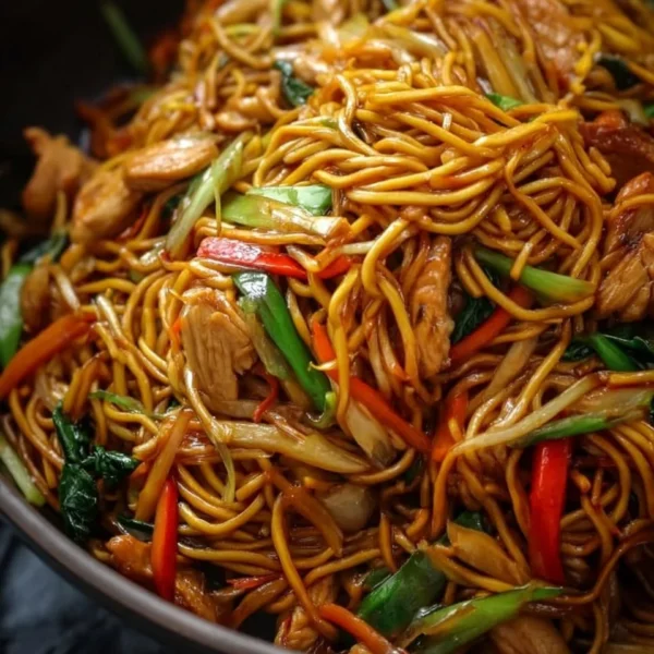 Quick and easy Chicken Chow Mein meal served in a bowl.