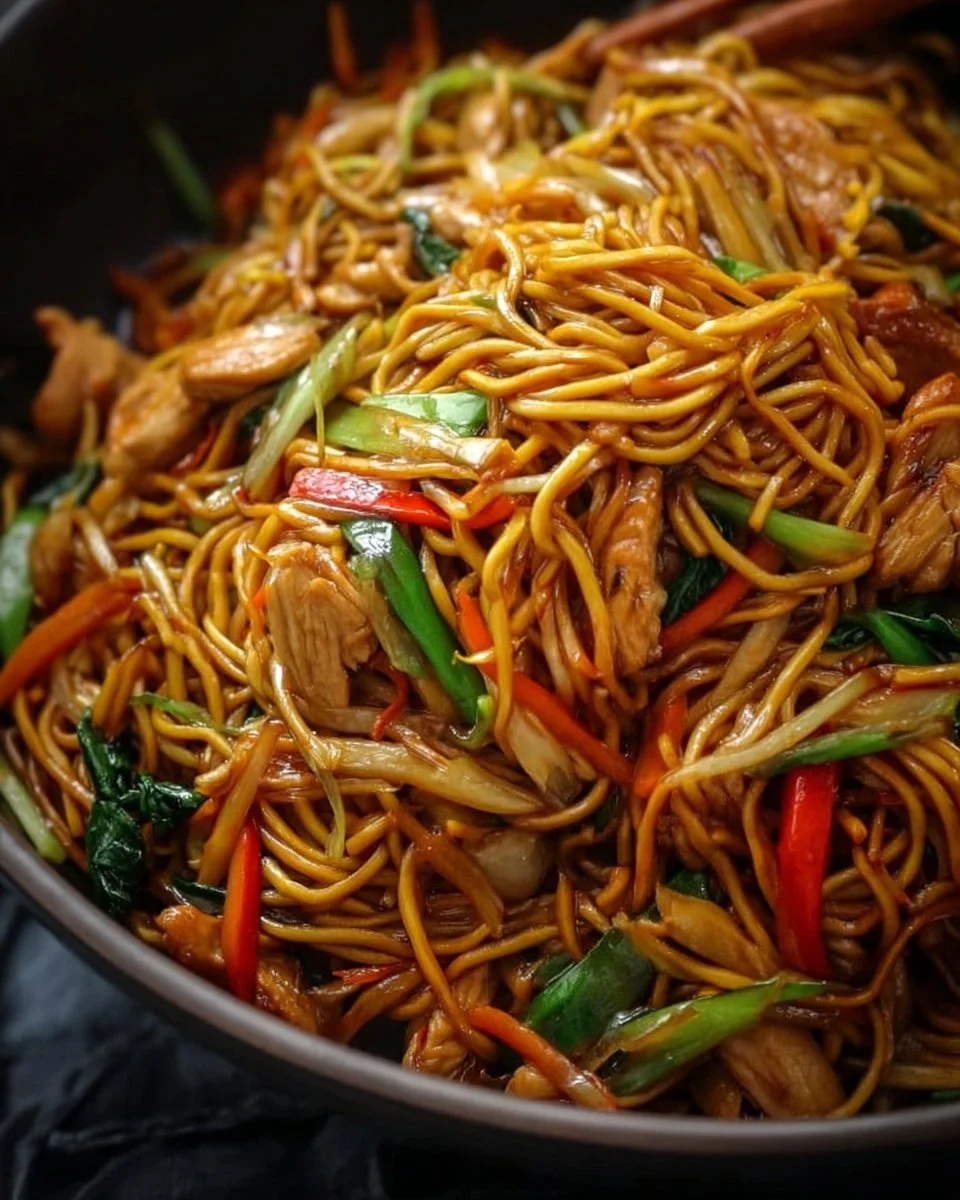 Quick and easy Chicken Chow Mein meal served in a bowl.