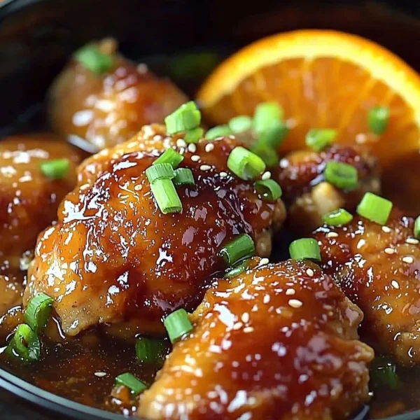 Bowl of Asian Crockpot Orange Chicken served with rice and vegetables