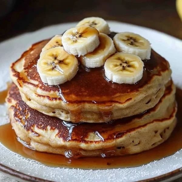Baked Banana Foster Pancakes topped with caramelized bananas and syrup