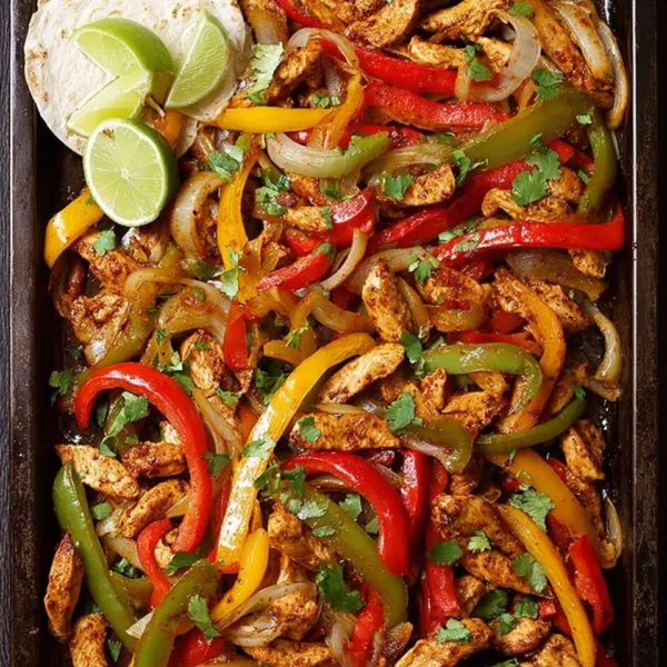 Delicious baked chicken fajitas served with colorful peppers and onions