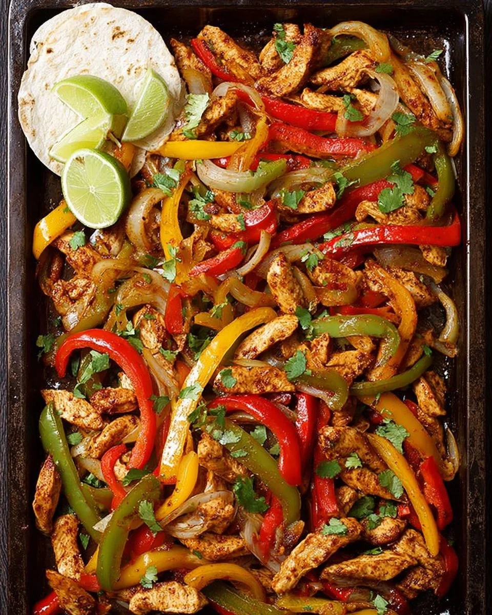 Delicious baked chicken fajitas served with colorful peppers and onions