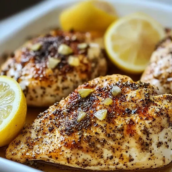 Baked Garlic Lemon Pepper Chicken dish garnished with lemon slices and herbs