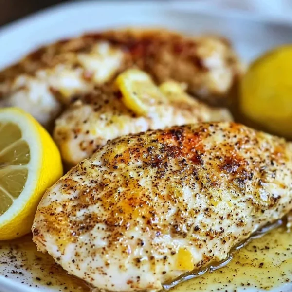 Baked garlic lemon pepper chicken served with fresh herbs and lemon slices
