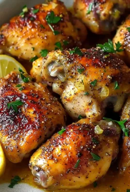 Delicious baked lemon butter chicken served on a plate with herbs and lemon slices.